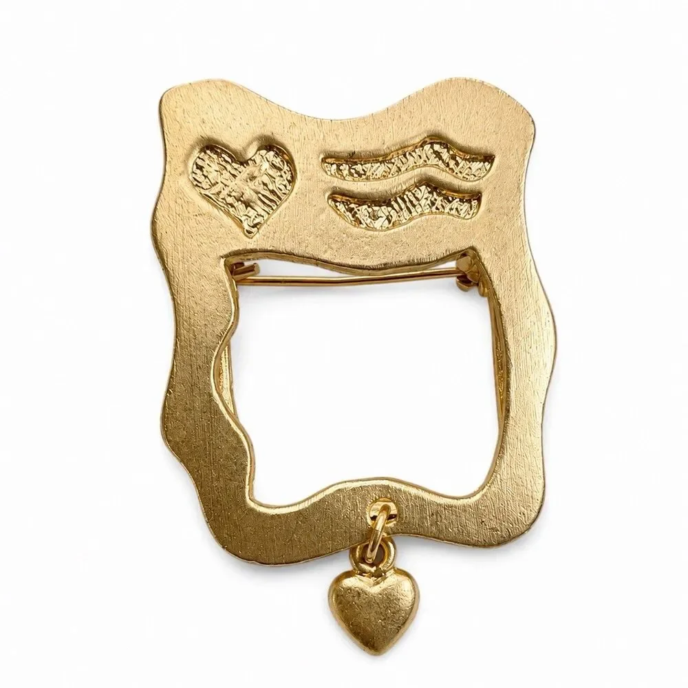 Vintage Gold Tone Modernist Open Square Brooch Heart Dangle Abstract Pin